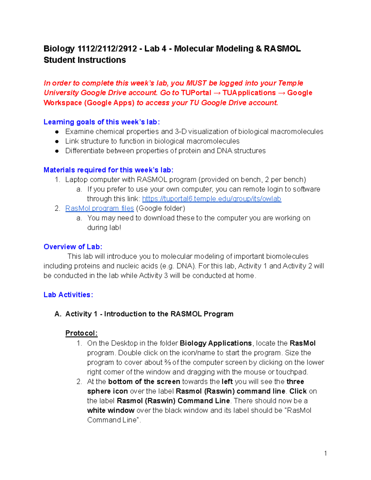 Lab 4 - Molecular Modeling in Rasmol - Student Instructions - Biology ...