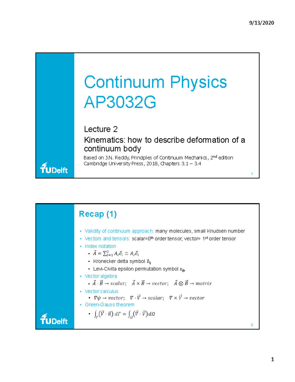 Continuum Physics AP3032G - 2020-2021 - Lecture 2 Pdf1 - 1 Continuum ...