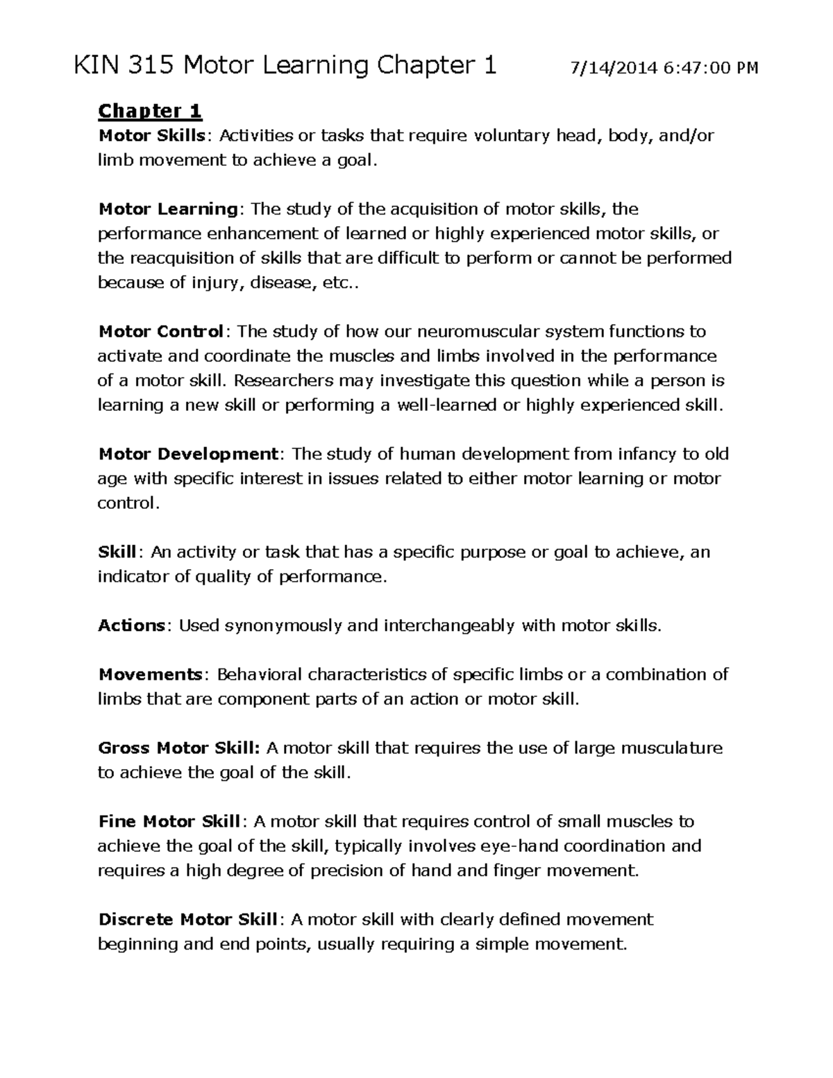 Lecture notes Motor Learning: Course Chapter 1 Lecture notesn 07/14 ...