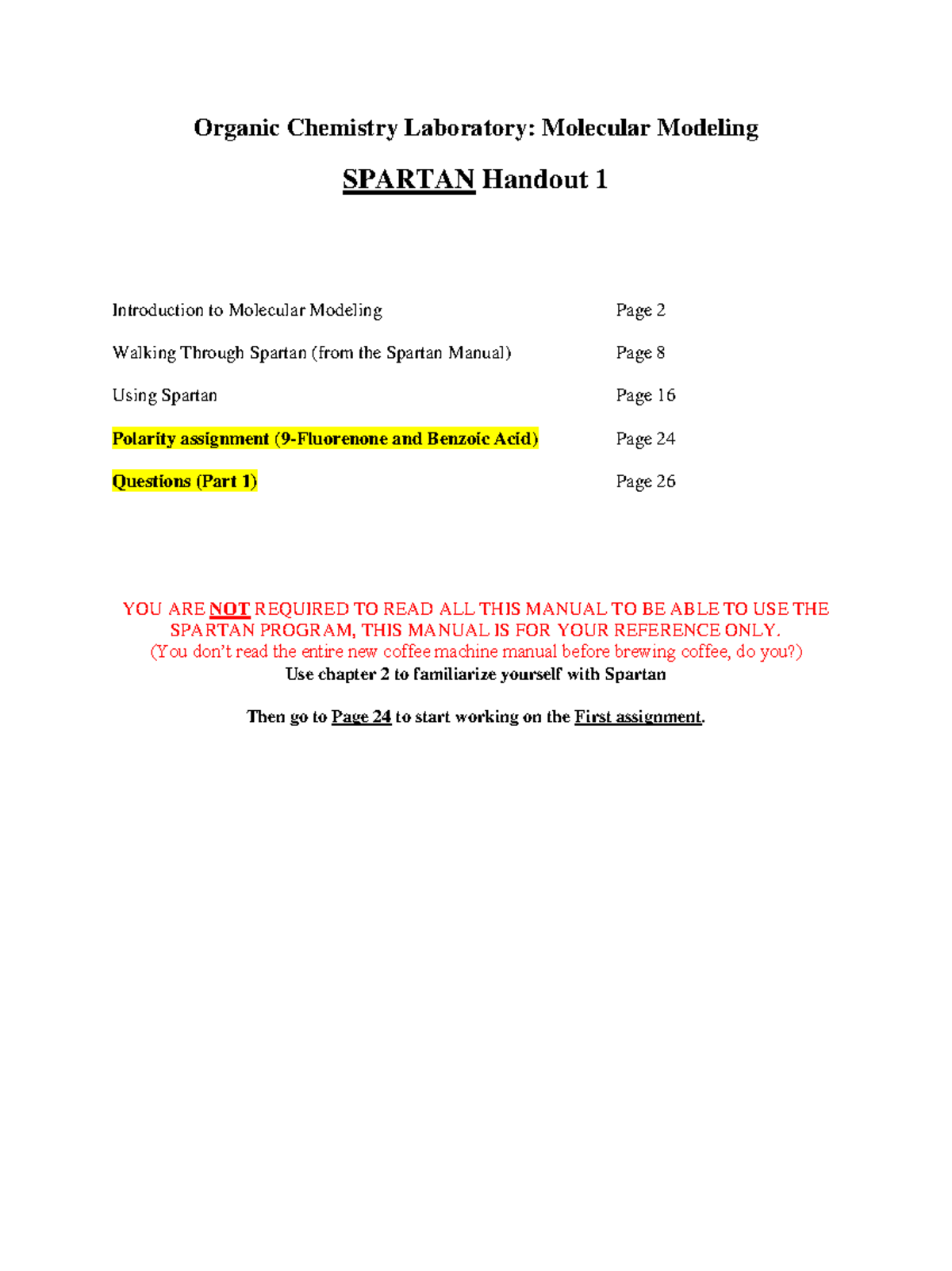 Spartan 1 Directions (1) Organic Chemistry Laboratory Molecular