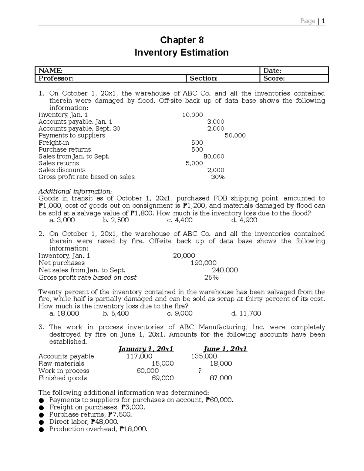 Assignment Inventory Estimation - Page | 1 Chapter 8 Inventory ...