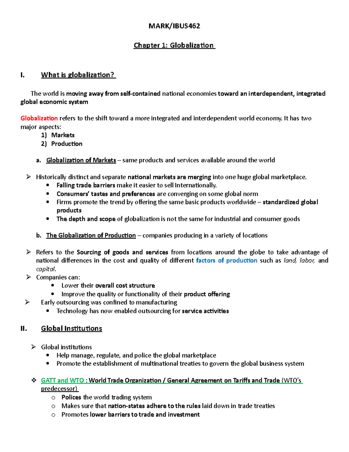 462 lecture notes - MARK/IBUS Chapter 1: Globalizaion I. What is ...
