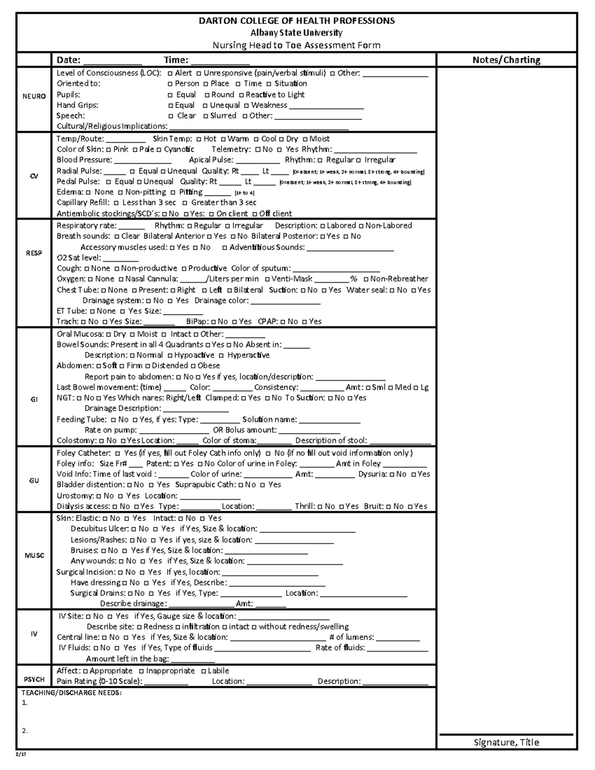 ASN Head to Toe Assessment Form - 8/ DARTON COLLEGE OF HEALTH ...