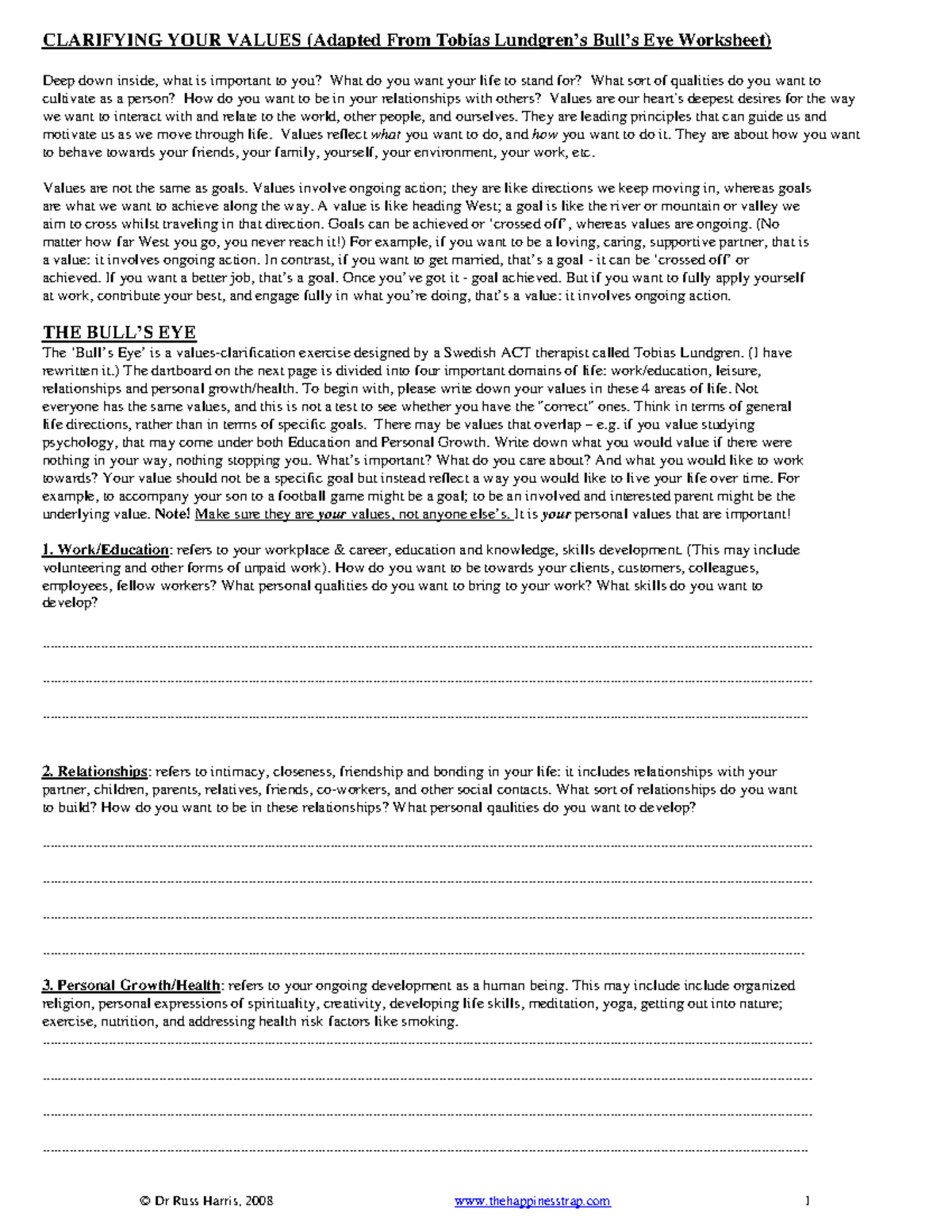 Long Bull's Eye Worksheet - CLARIFYING YOUR VALUES (Adapted From Tobias ...