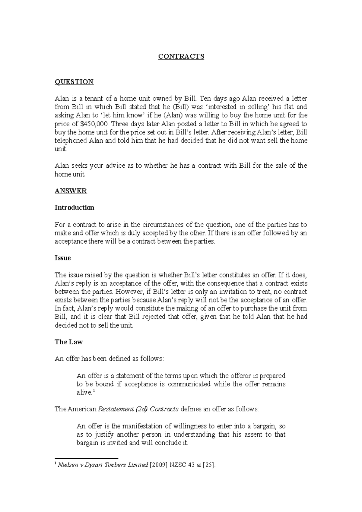 Karena-Sample-Answer - CONTRACTS QUESTION Alan is a tenant of a home ...