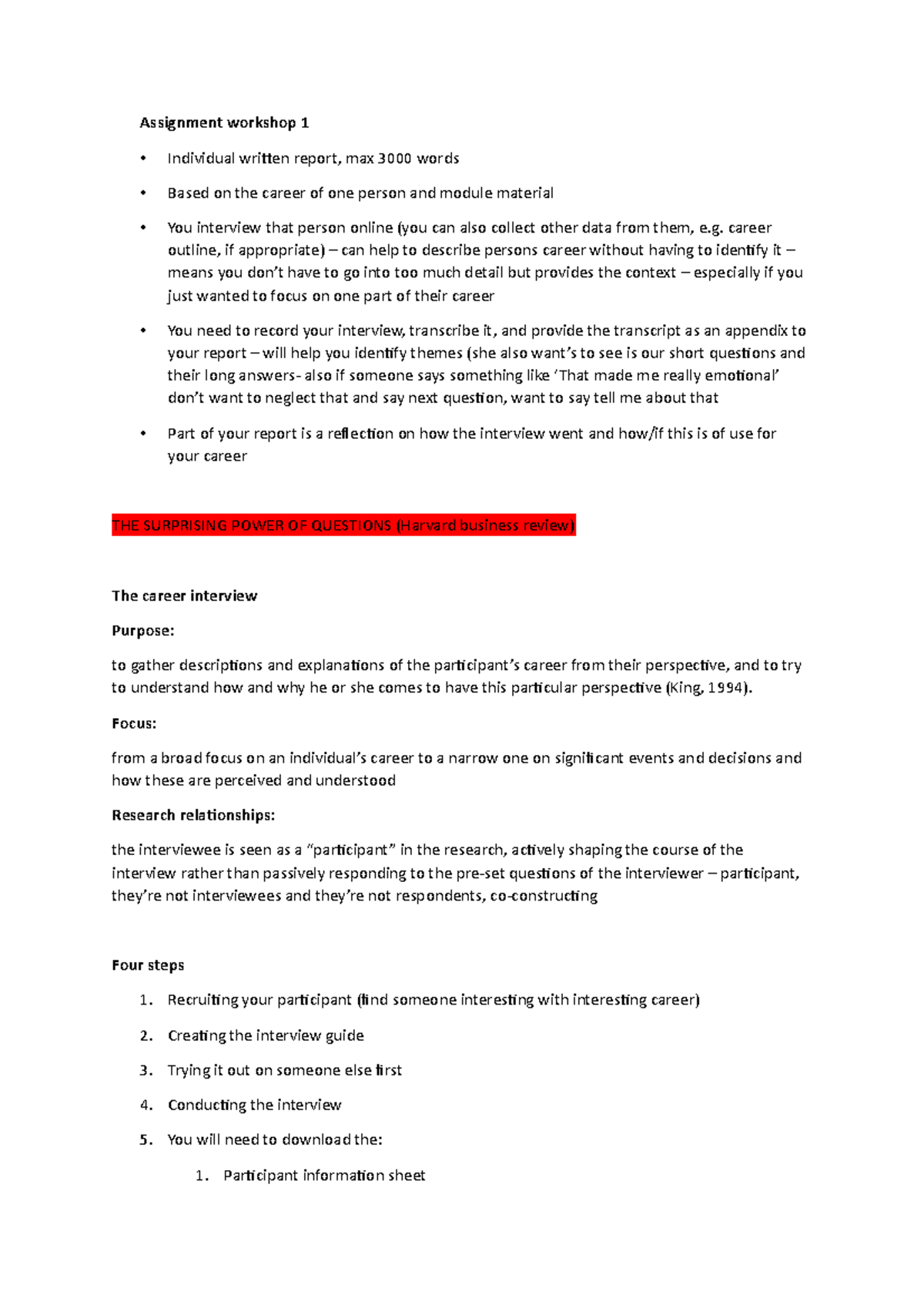 Assignment planning - Assignment workshop 1 Individual written report ...