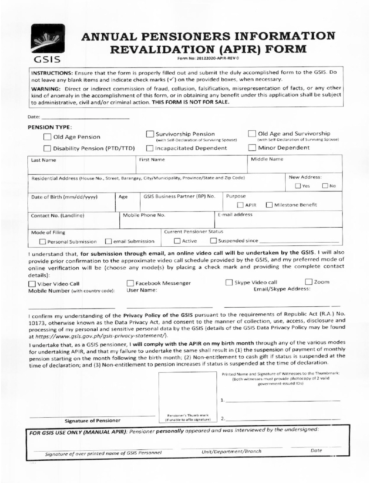 Annual Confirmation Of Pensioners Printable Form - Printable Forms Free ...