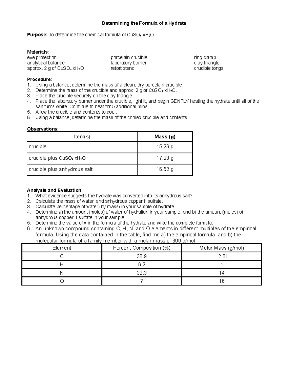 SCH3U Hydrate Lab - Determining the Formula of a Hydrate Purpose: To ...