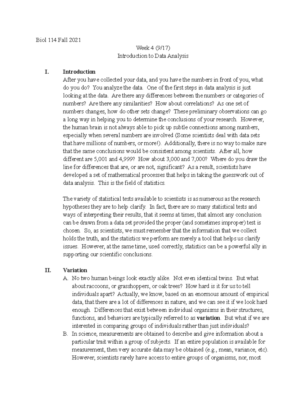 Lecture Week 4 (9-17) - Notes Introduction to data analysis - Biol 114 ...