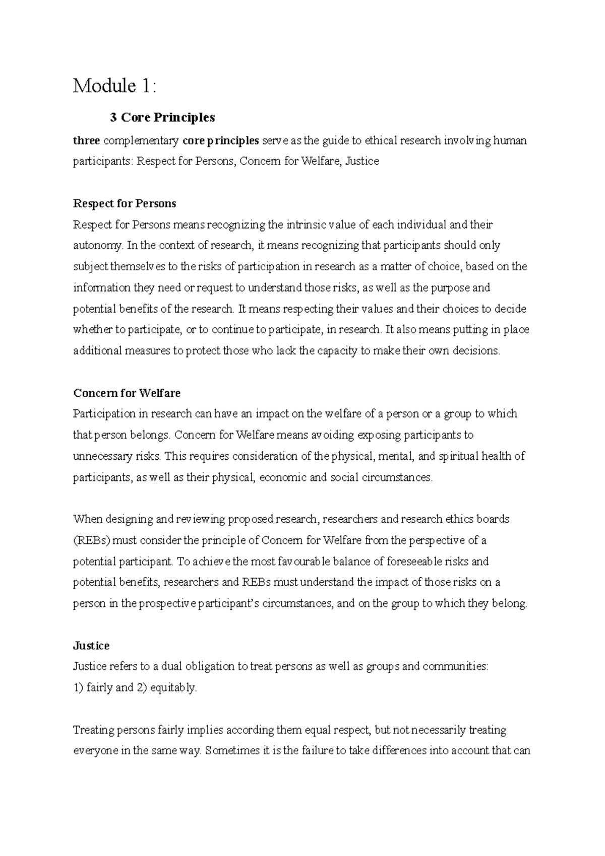 TCPS2 Notes - Module 1: 3 Core Principles three complementary core ...