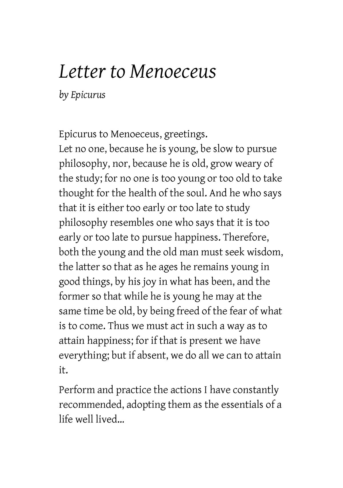 5-1 - Epicurus - Letter To Menoeceus - Letter To Menoeceus By Epicurus ...