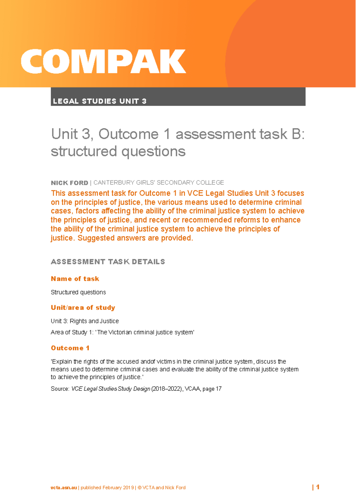 VCTA Unit 3 AOS 1 Part B Revision Worksheet - LEGAL STUDIES UNIT 3 Unit ...