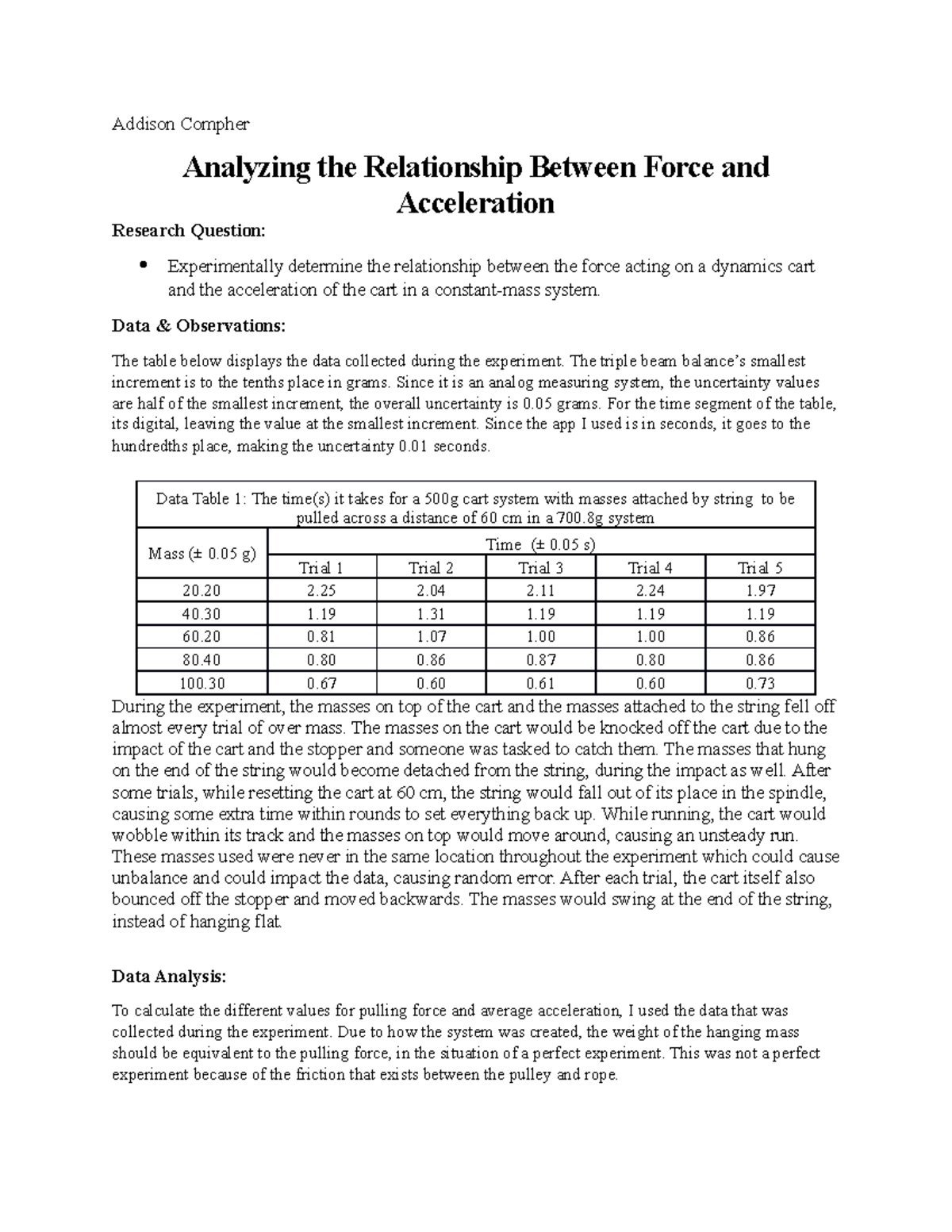 Cart Lab A lab done in physics on a cart and its motion. Addison
