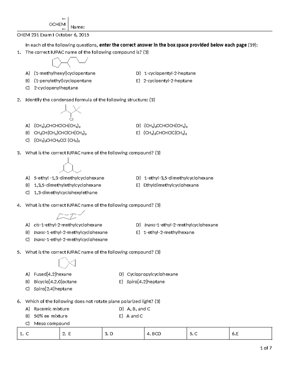 Version A key - Practice material for exam - OCHEM Name: CHEM 231 Exam ...