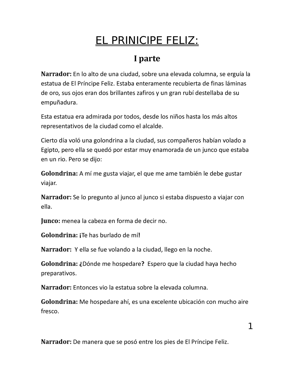 Guión El Príncipe Feliz El Prinicipe Feliz I Parte Narrador En Lo Alto De Una Ciudad Sobre 0857