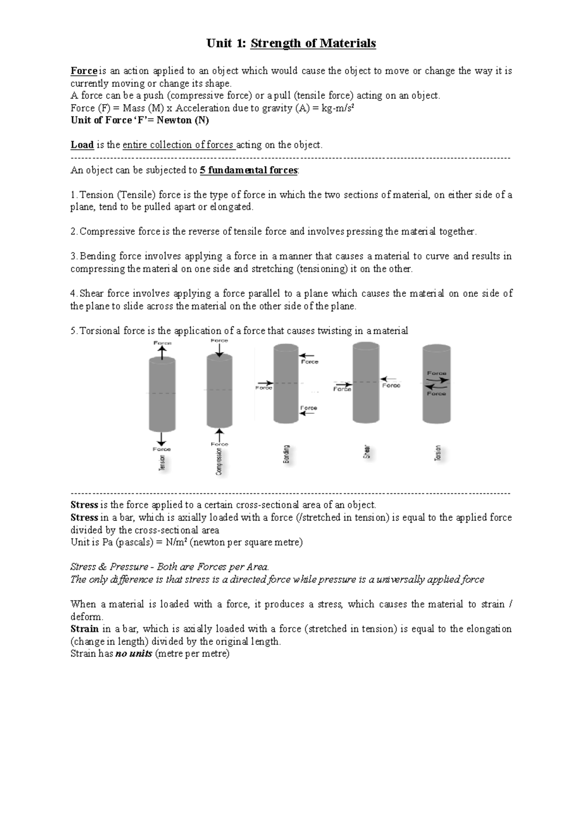 UNIT 1 Strength OF Materials Unit 1 Strength of Materials Force is
