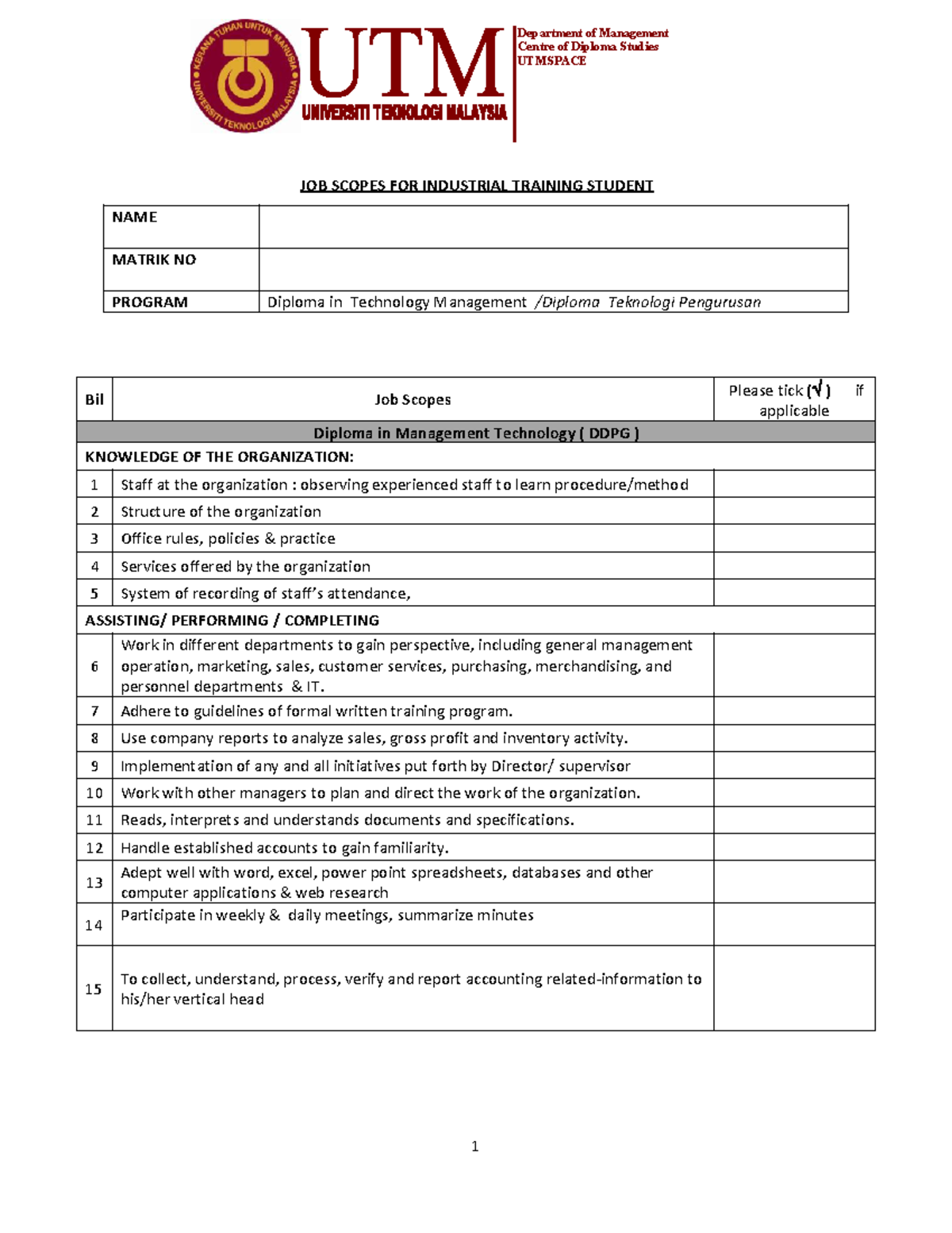 Skop Kerja DDPG - 1 JOB SCOPES FOR INDUSTRIAL TRAINING STUDENT NAME ...