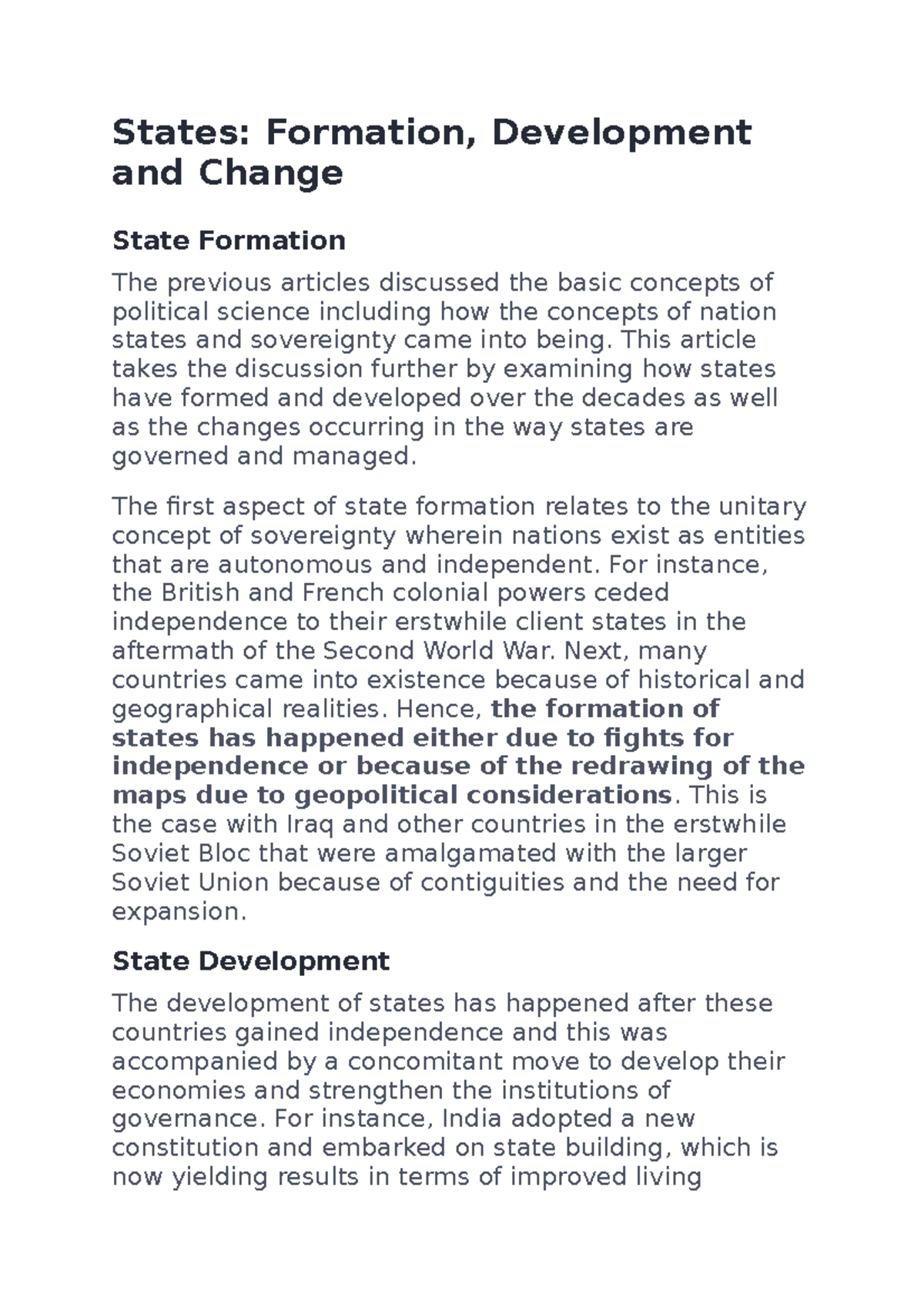 States ______NOTE - States: Formation, Development and Change State ...