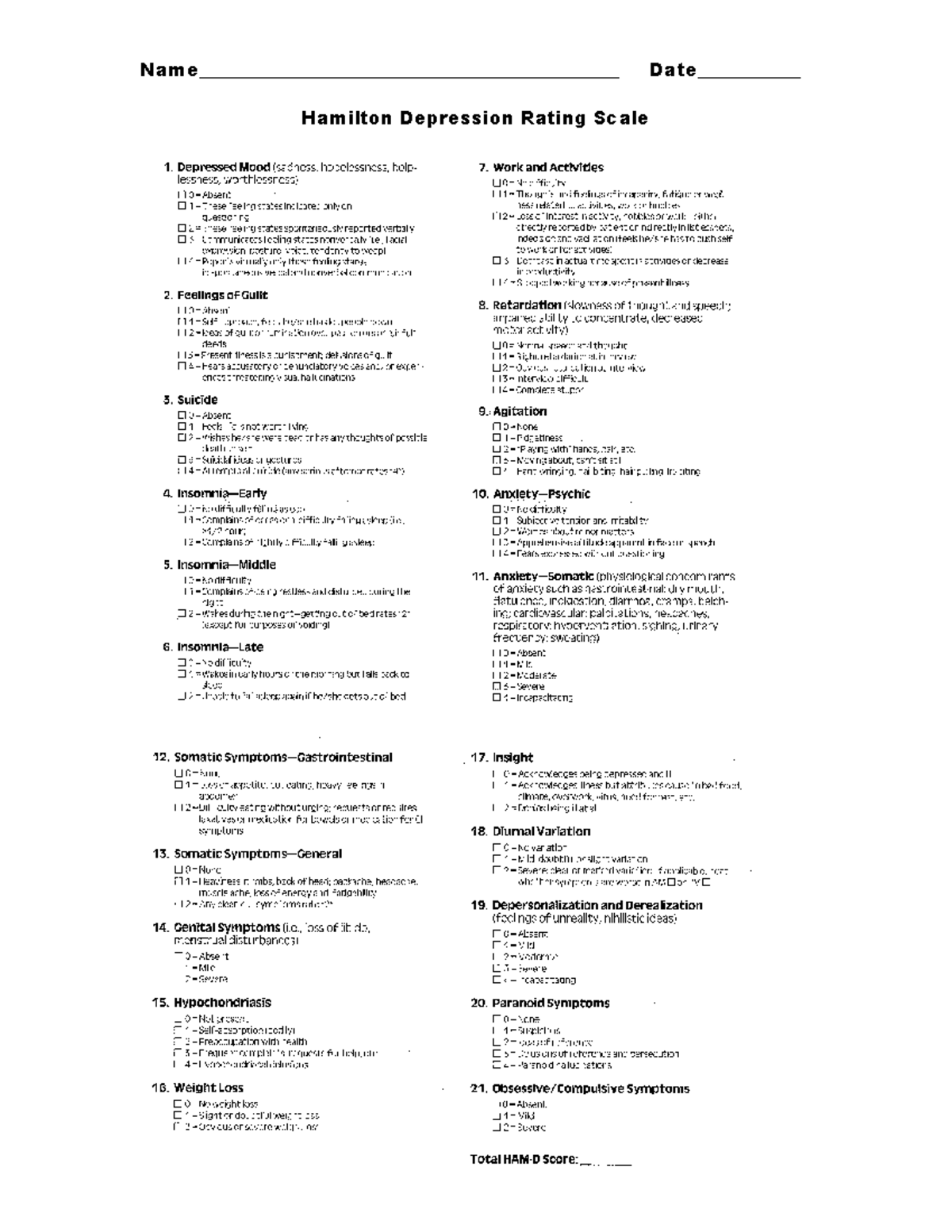 HAMD psychological tool for assessing depressive symptoms