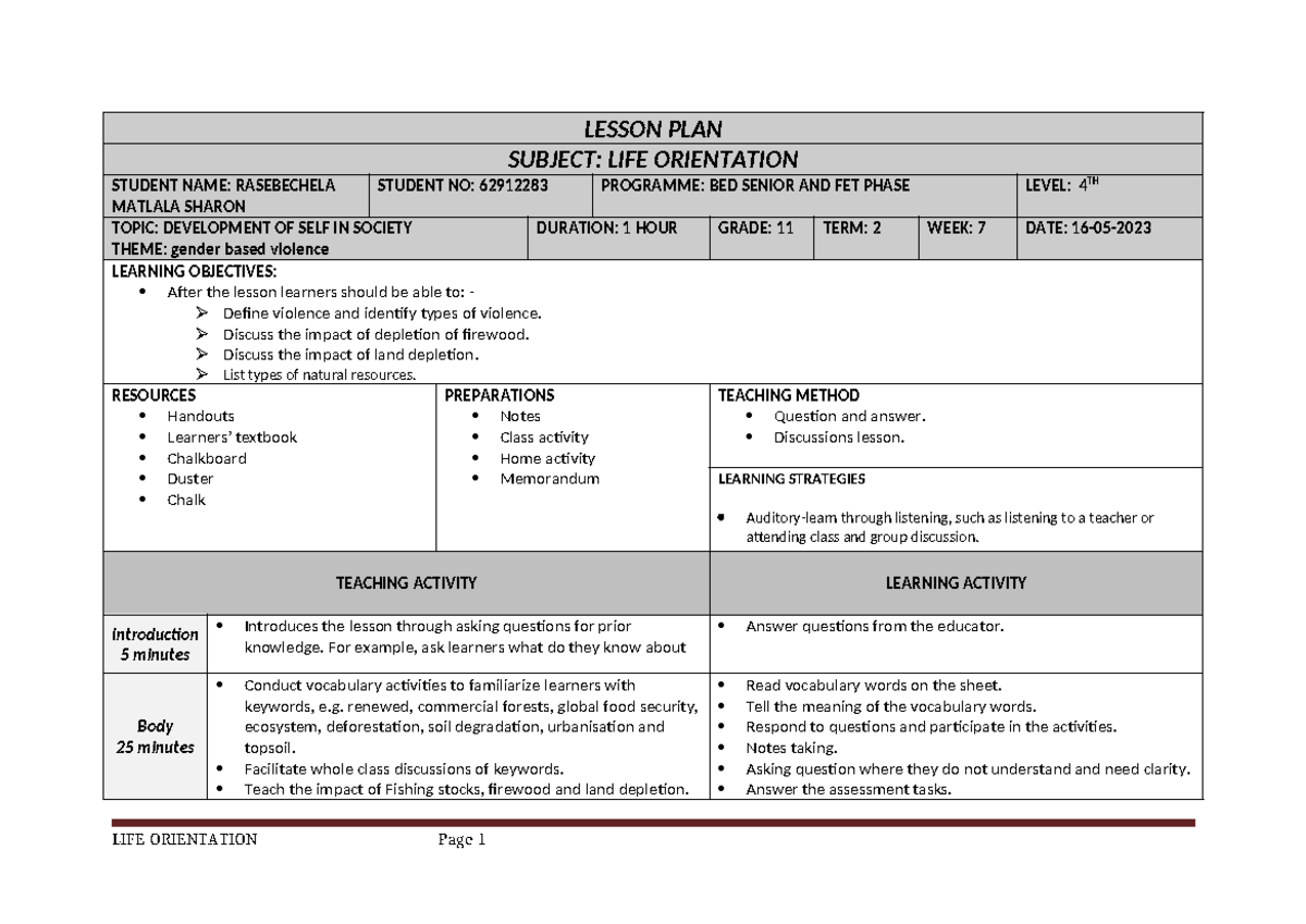 LO Lesson PLAN Grade 11 evaluation final edition - LESSON PLAN SUBJECT ...