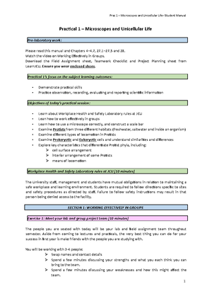 BS1007 PRAC TEST Notes 1 - Practical 1 - Microscopes and Unicellular ...