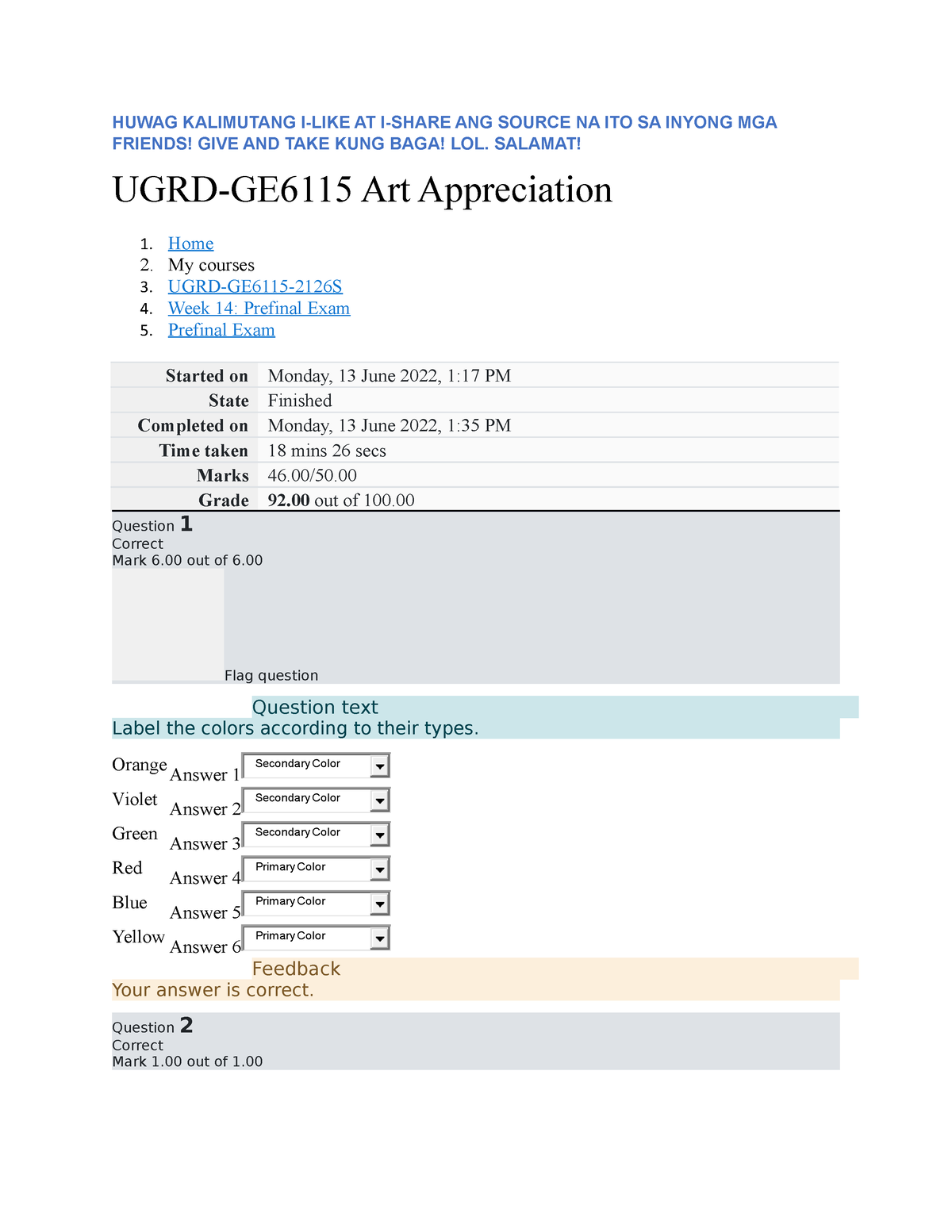 Prefinal Exam - UGRD-GE6115 Art Appreciation - Don't Forget To Like And ...