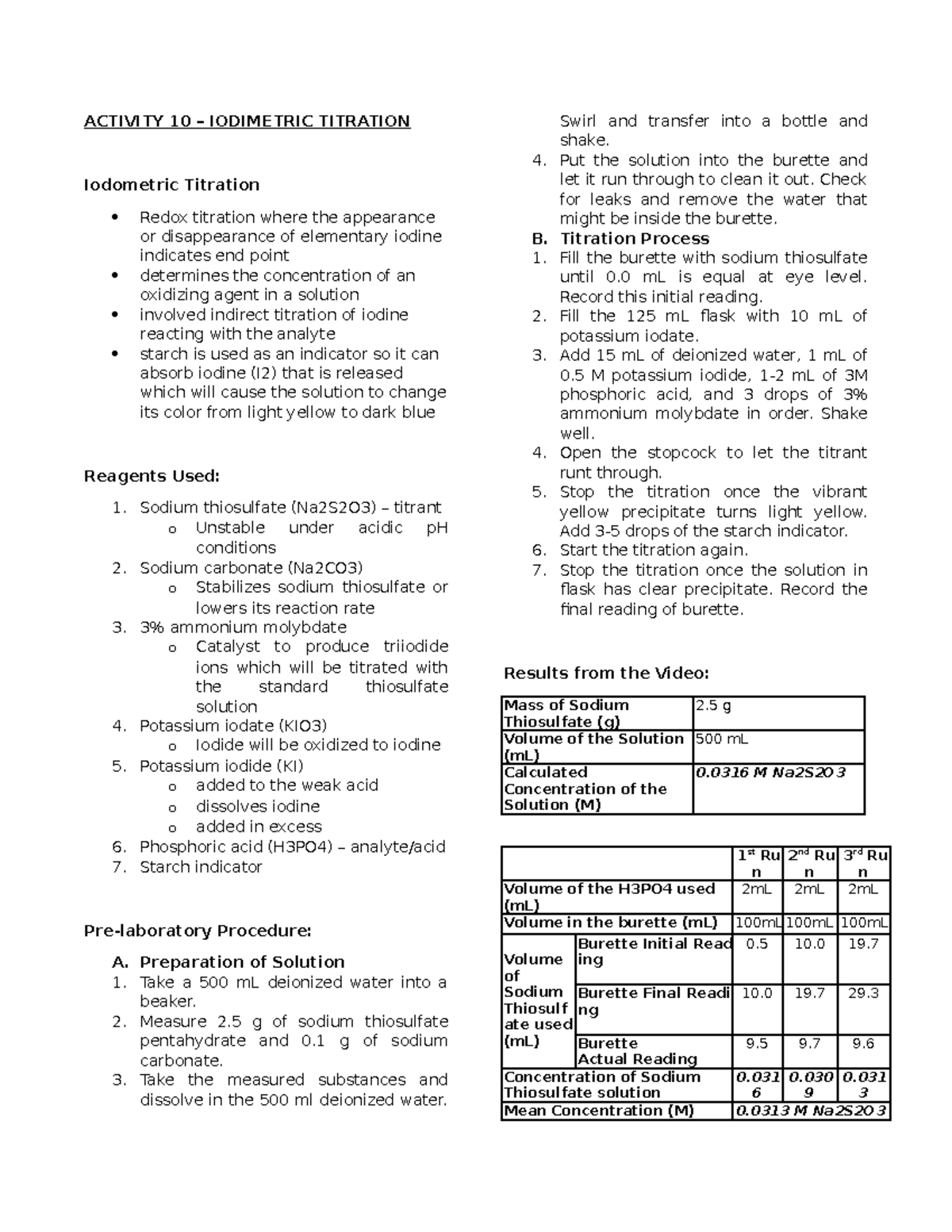 ACT 10 Reviewer NOTES ON IODOMETRIC TITRATION. ACTIVITY 10