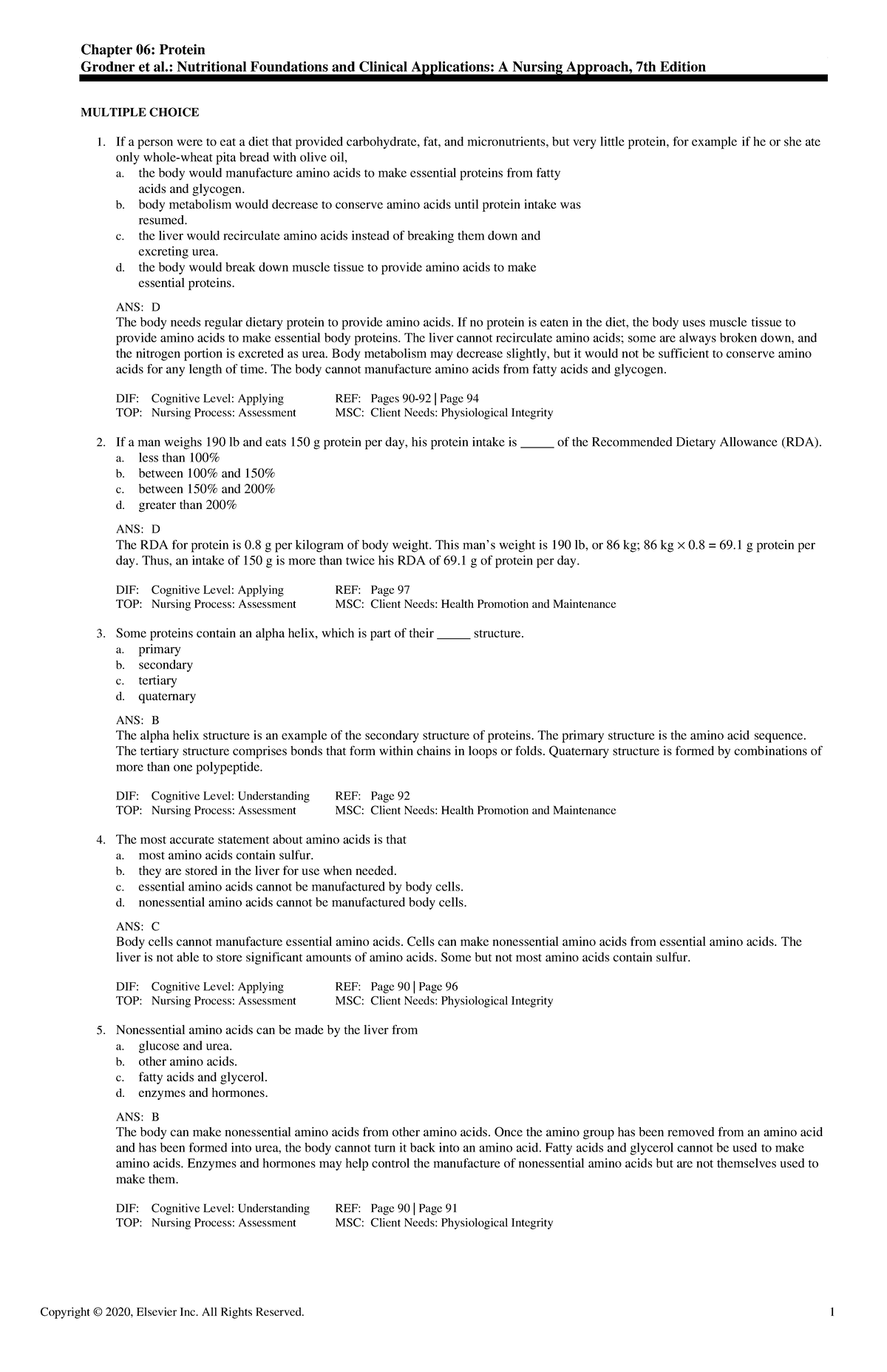 Exam View - Chapter 06 - Chapter 06: Protein Grodner et al ...