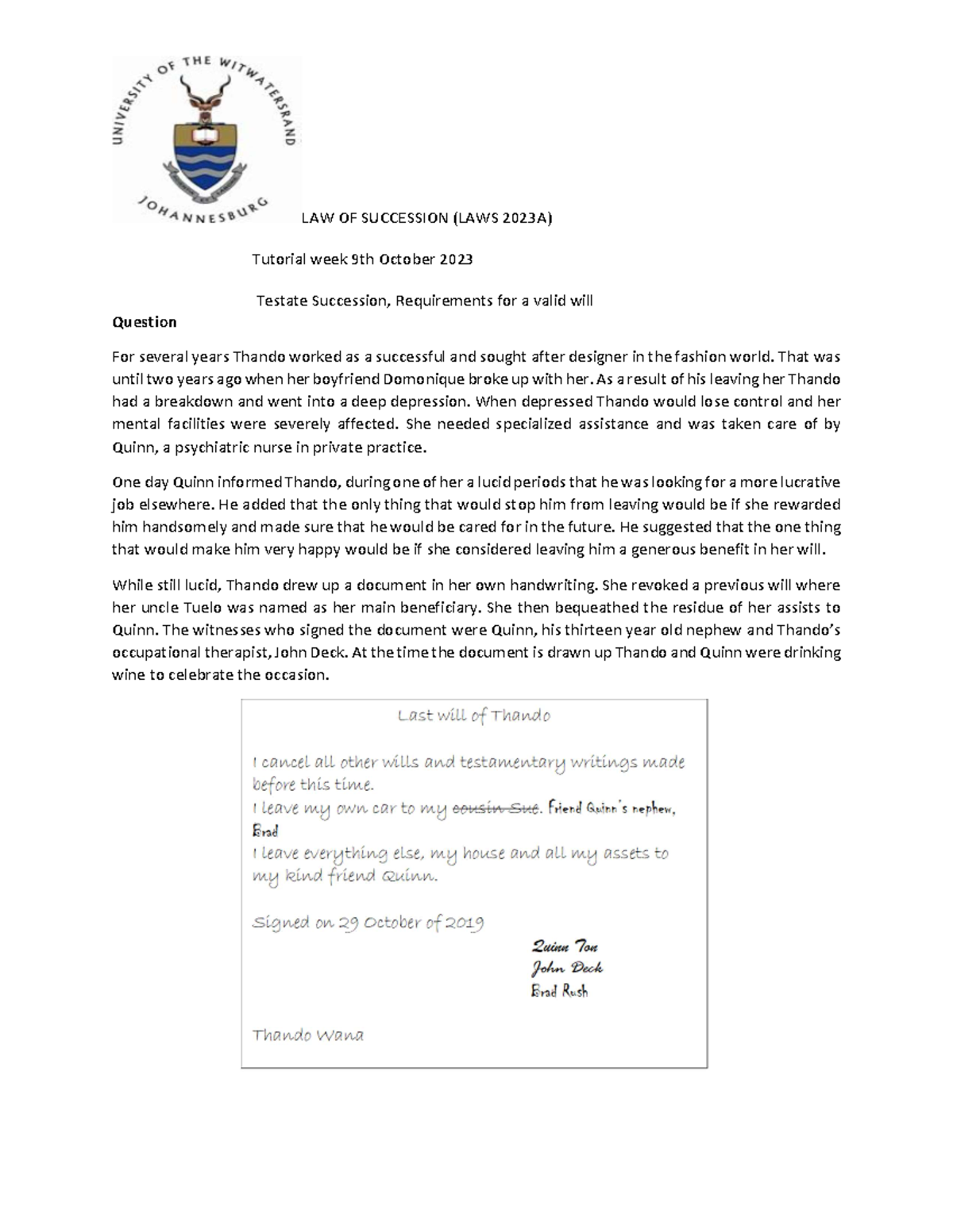 Tutorial Task on Testate Succession Oct 2023 - LAW OF SUCCESSION (LAWS ...