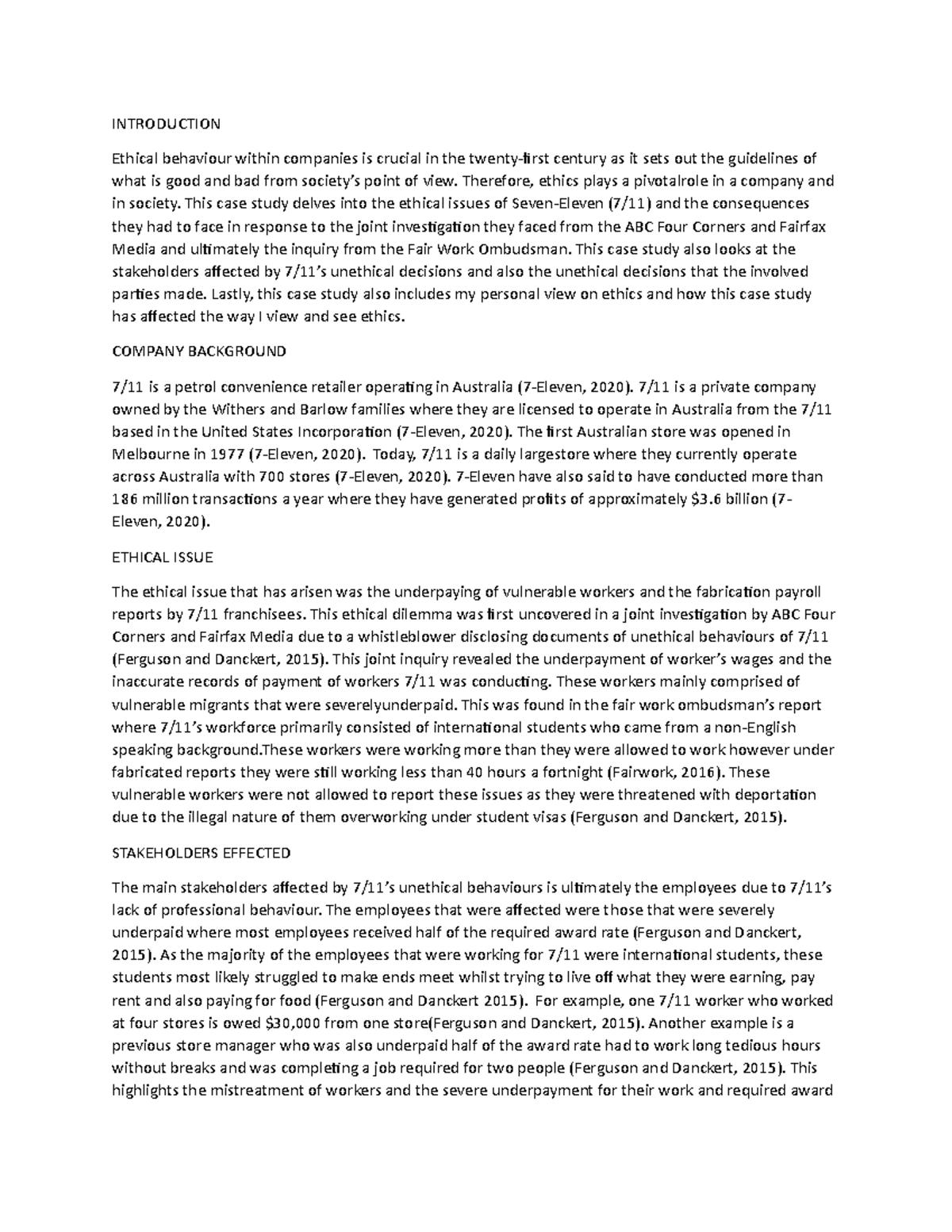 7-eleven case stusy sample 3 - INTRODUCTION Ethical behaviour within ...