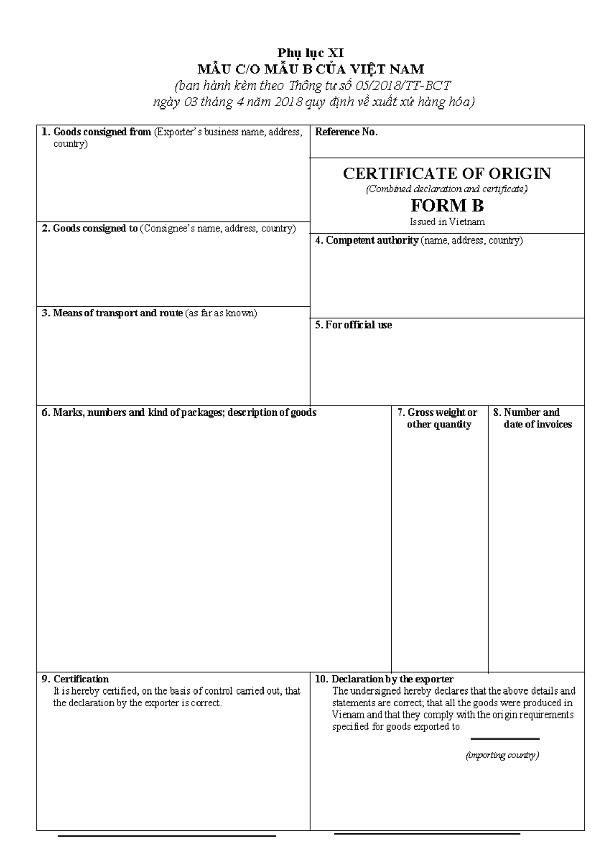 MẪU C O FORM B - co form B - Phụ lục XI MẪU C/O MẪU B CỦA VIỆT NAM (ban ...