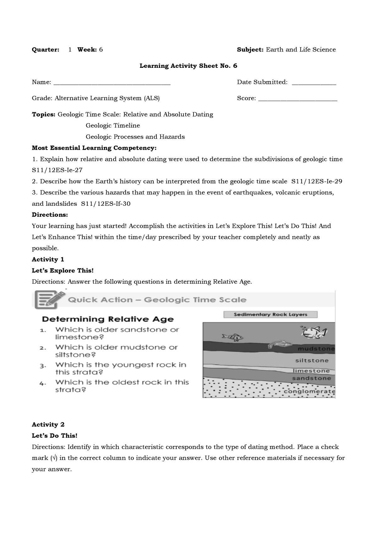 Learning Activity Sheet No 6 Els Quarter 1 Week 6 Subject Earth And Life Science Learning 3682