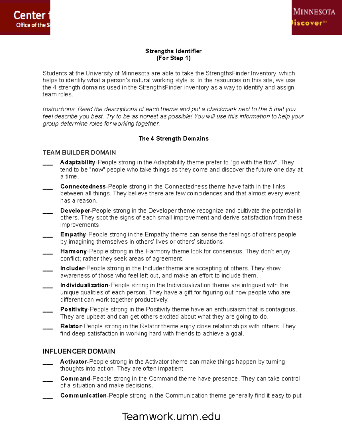 Strengths Identifier - Strengths Identifier (For Step 1) Students at ...