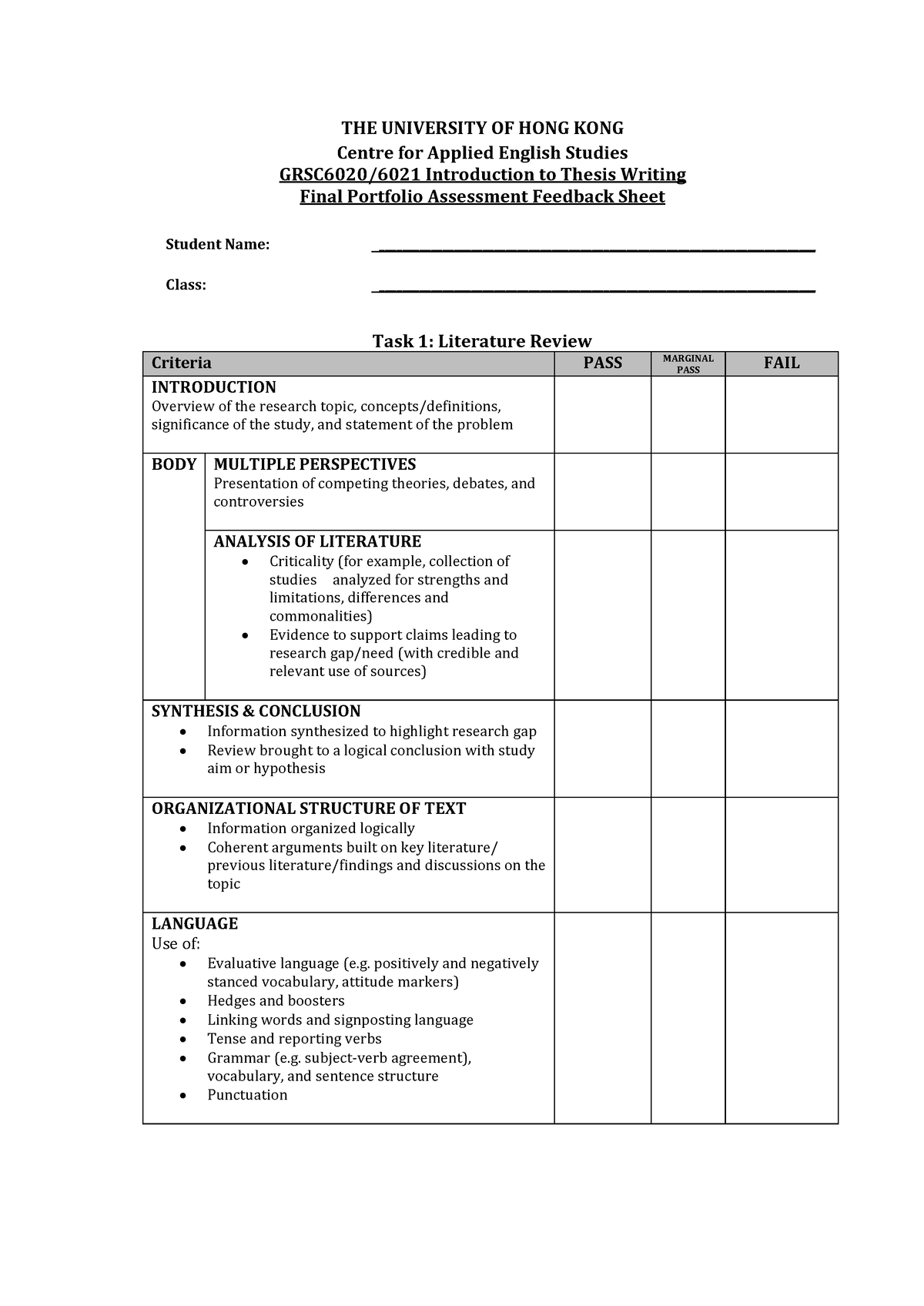 Thesis Writing Portfolio Assessment Form Revised 2020 - THE UNIVERSITY ...