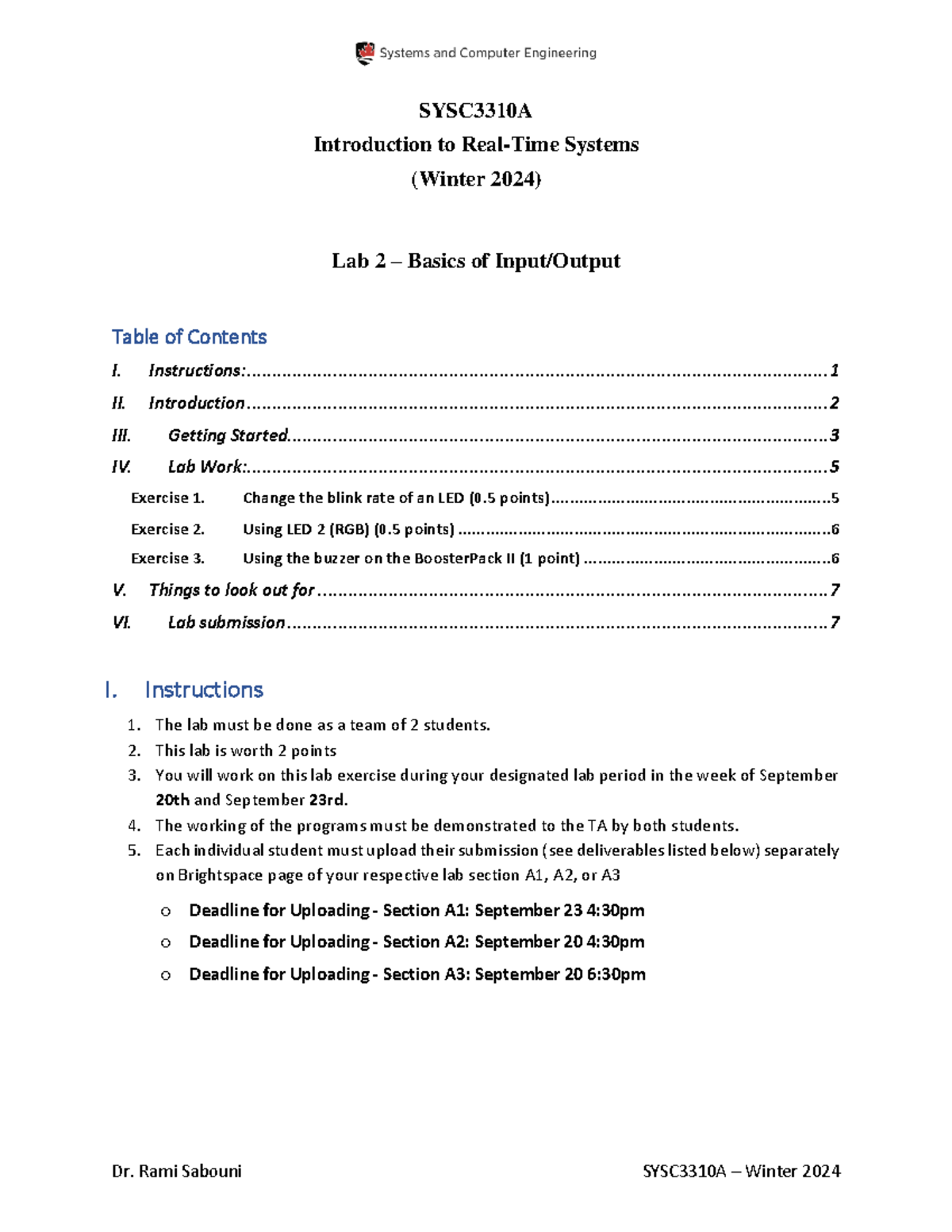Lab 02 - Basics of Input Output - SYSC3310A Introduction to Real-Time ...