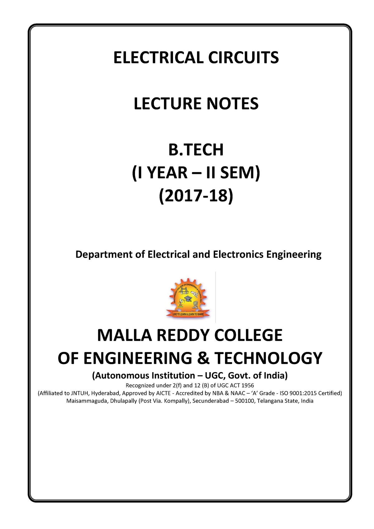 5 Electrical Circuits - ELECTRICAL CIRCUITS LECTURE NOTES B (I YEAR ...