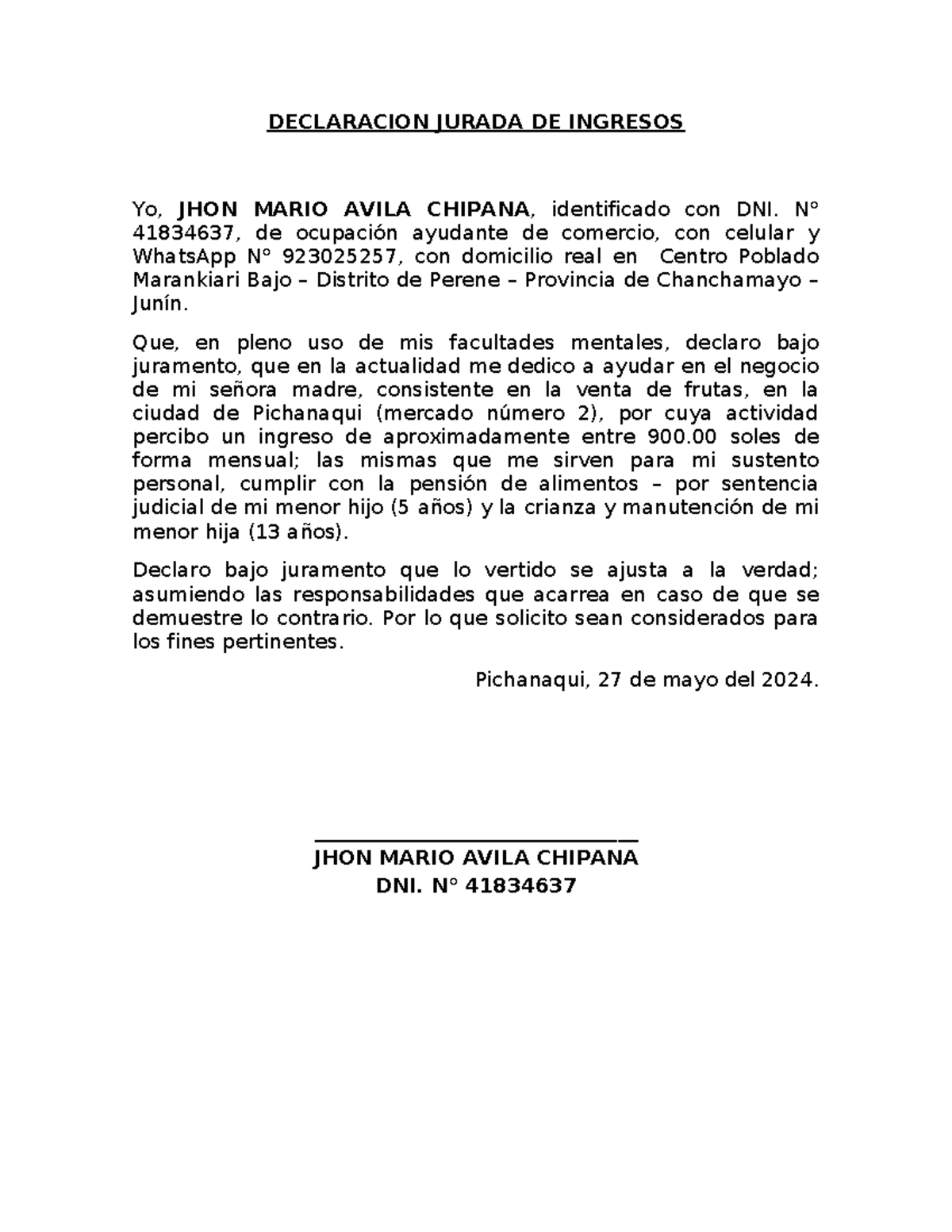 Declaracion Jurada DE Ingresos - DECLARACION JURADA DE INGRESOS Yo ...