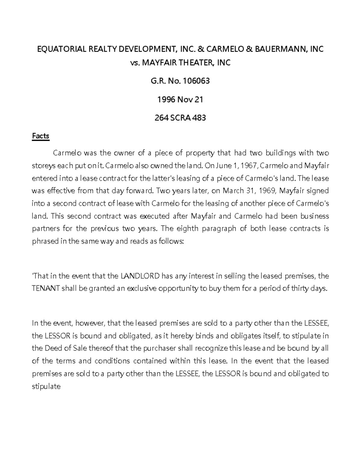 Case Digest Equatorial Realty Development, INC. & Carmelo & Bauermann