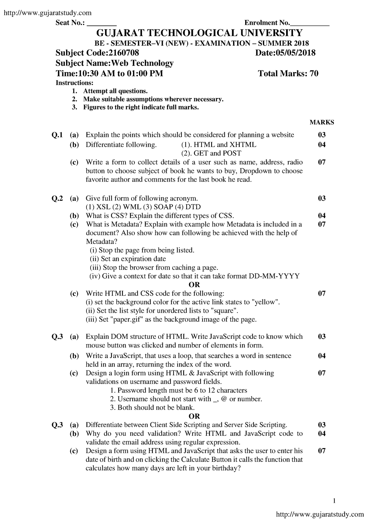 S2018-2160708-APY Material - 1 Seat No.: ________ Enrolment No ...