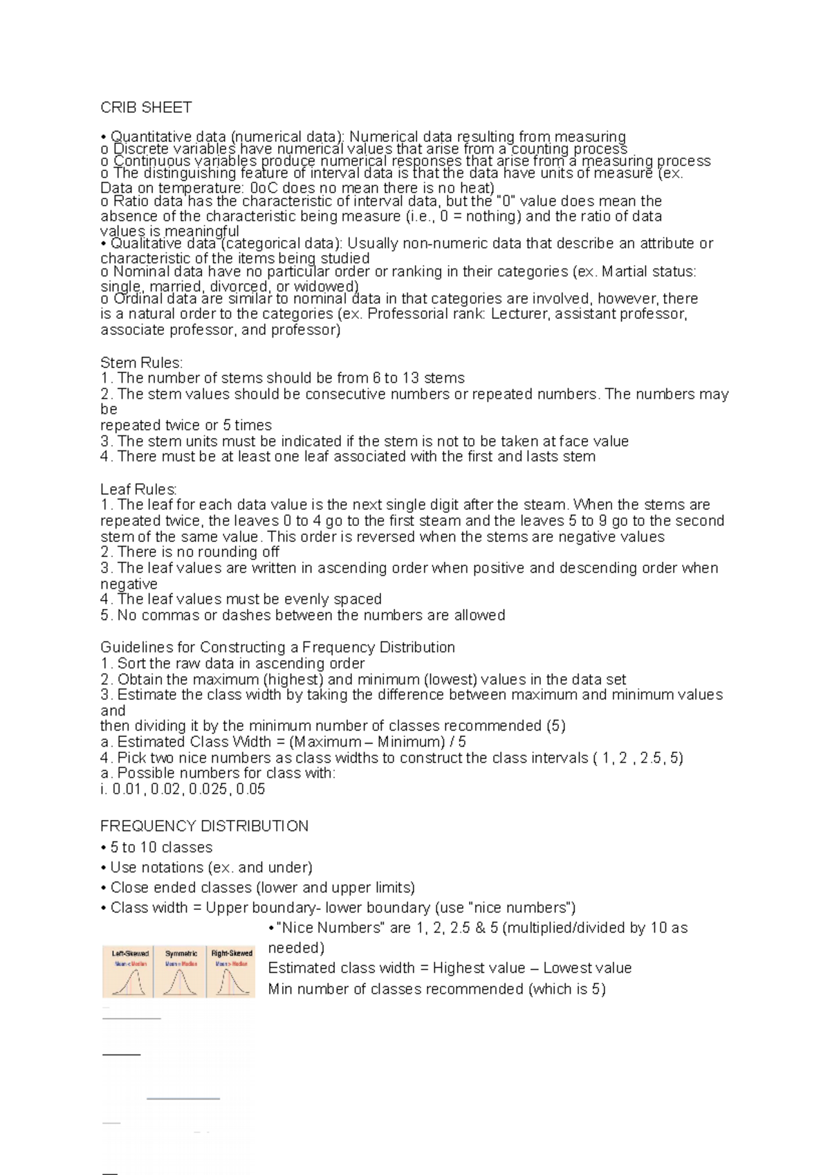 CRIB Sheet Test one CRIB SHEET • Quantitative data (numerical data