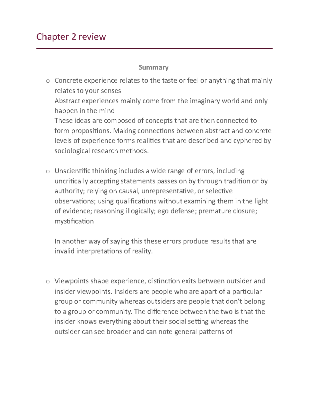 Chapter 2 review - SIMPLE PRACTICE - Chapter 2 review Summary o ...