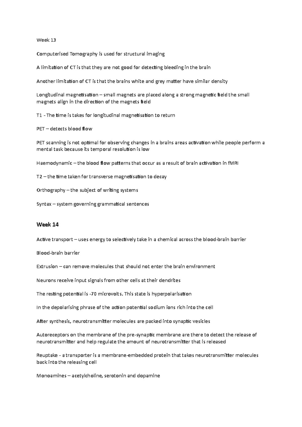 Biopsychology revision notes copy - Week 13 Computerised Tomography is ...