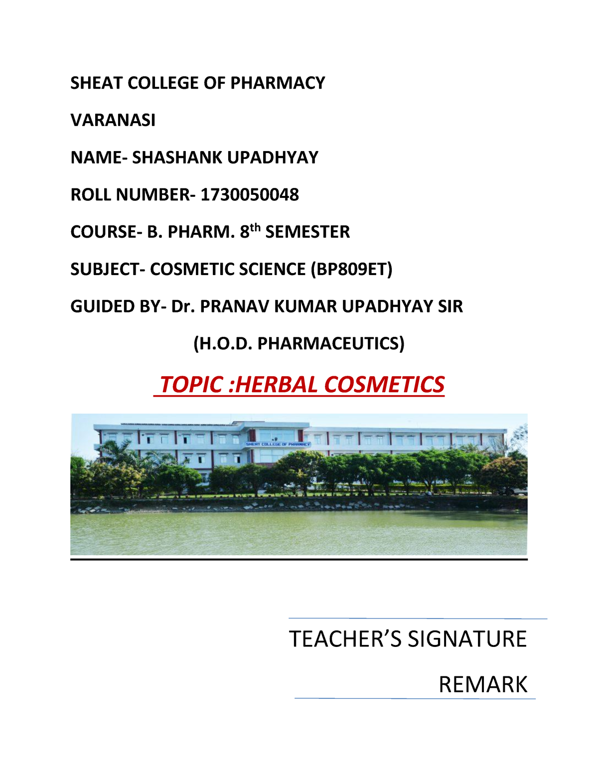 Herbal Cosmetics B Pharm 8th Sem 2 - SHEAT COLLEGE OF PHARMACY VARANASI ...