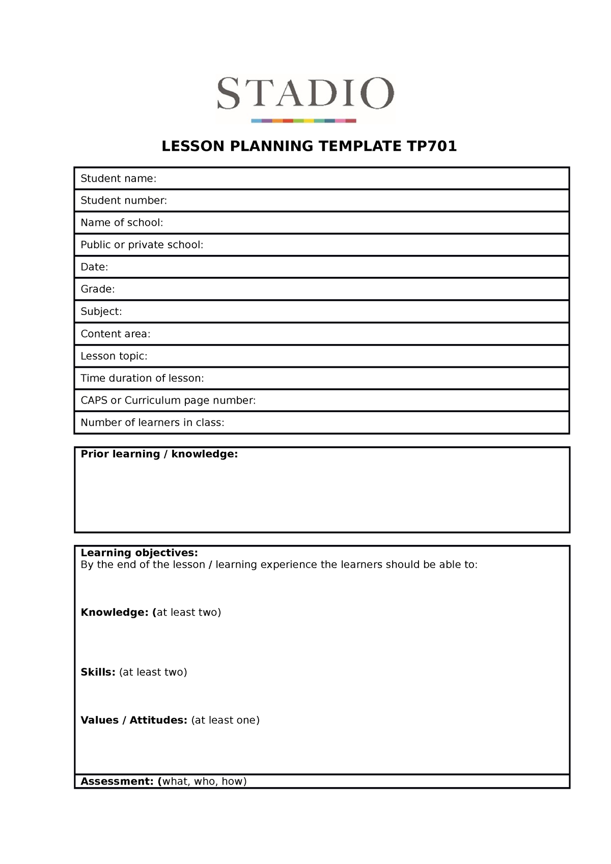 Generic Lesson Plan Template TP701 LESSON PLANNING TEMPLATE TP