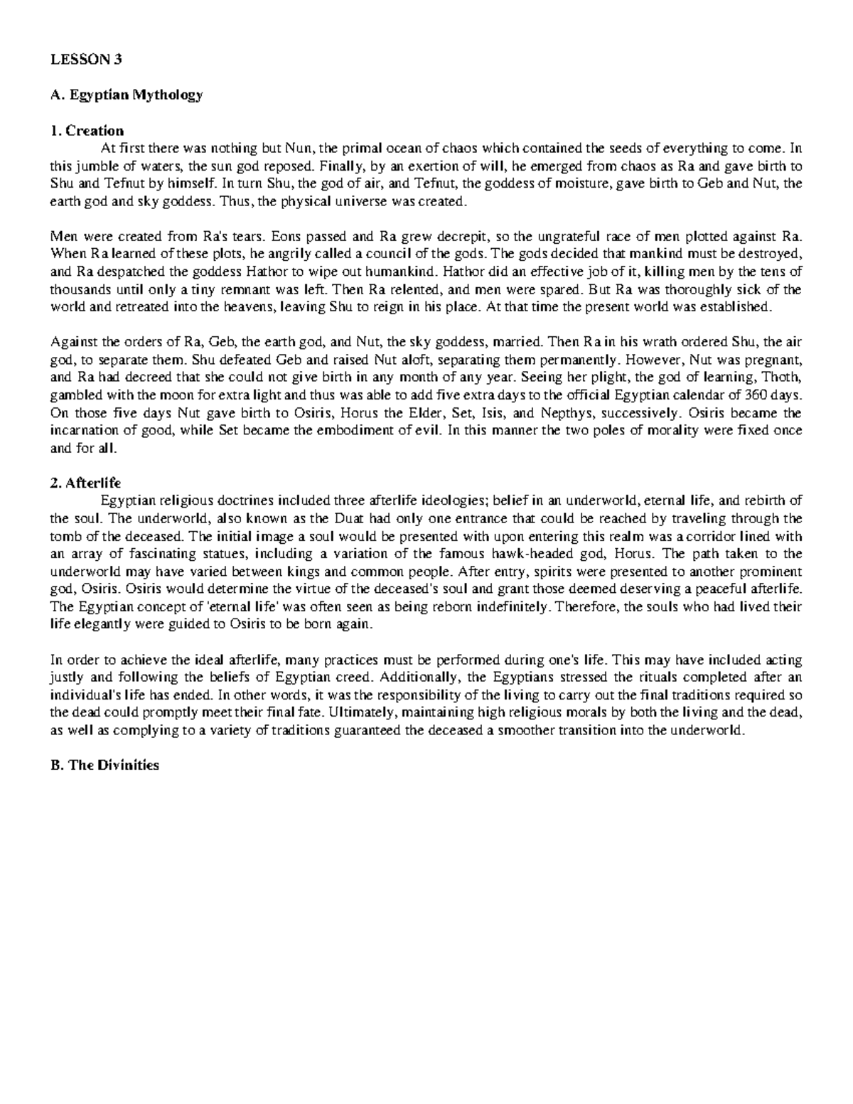 Lesson-3- Report - FOR REFERENCE ONLY - LESSON 3 A. Egyptian Mythology ...