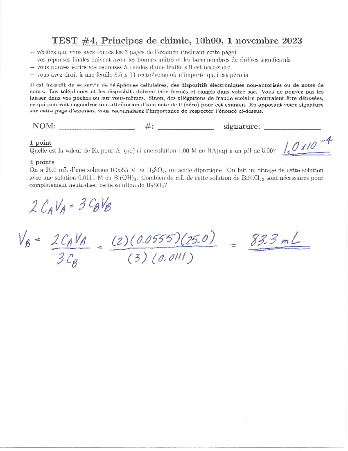 Test 4 - Principe de chime - TEST Principes de chimie, 10h00, 1 ...