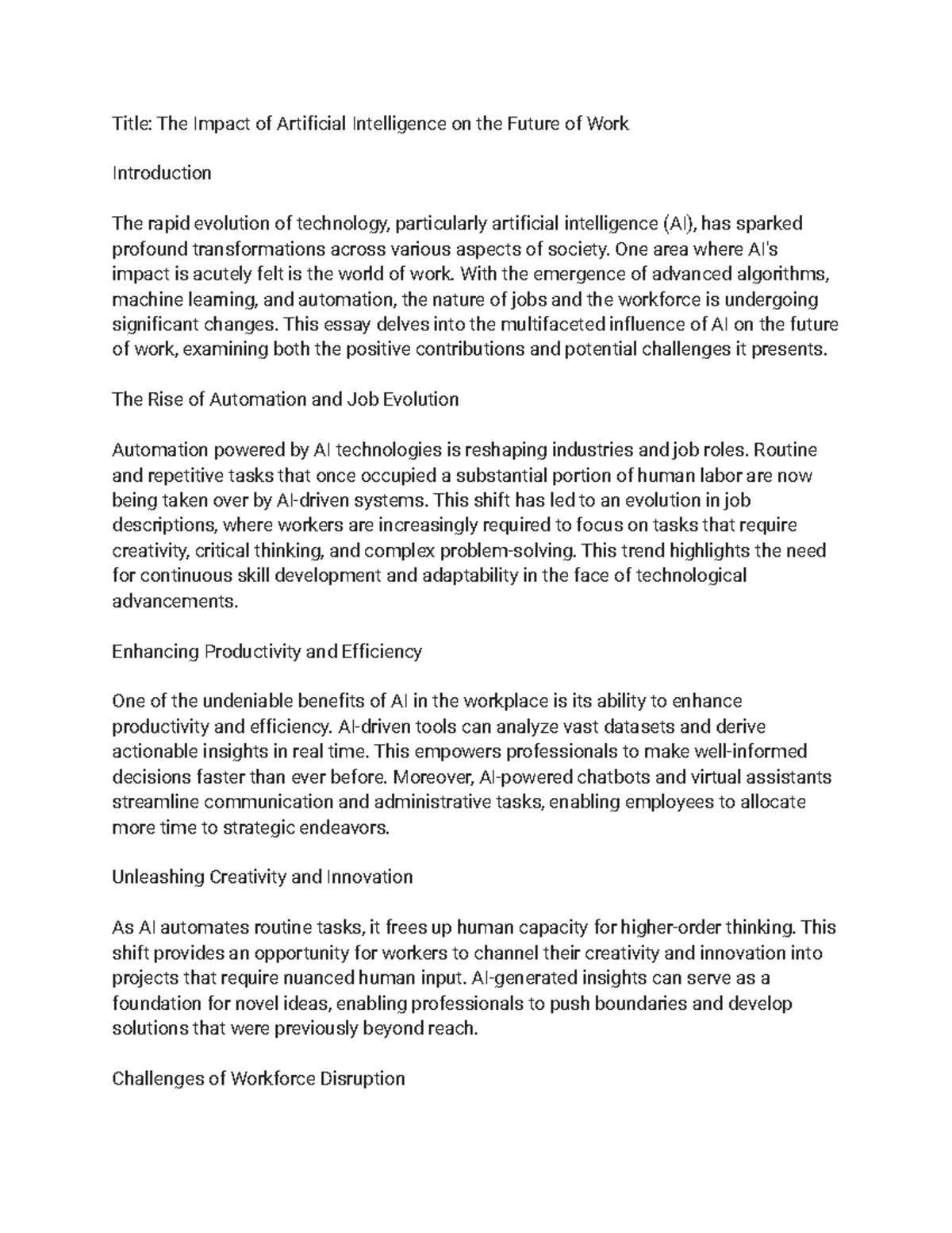 Title The Impact of Artificial Intelligence on the Future of Work ...
