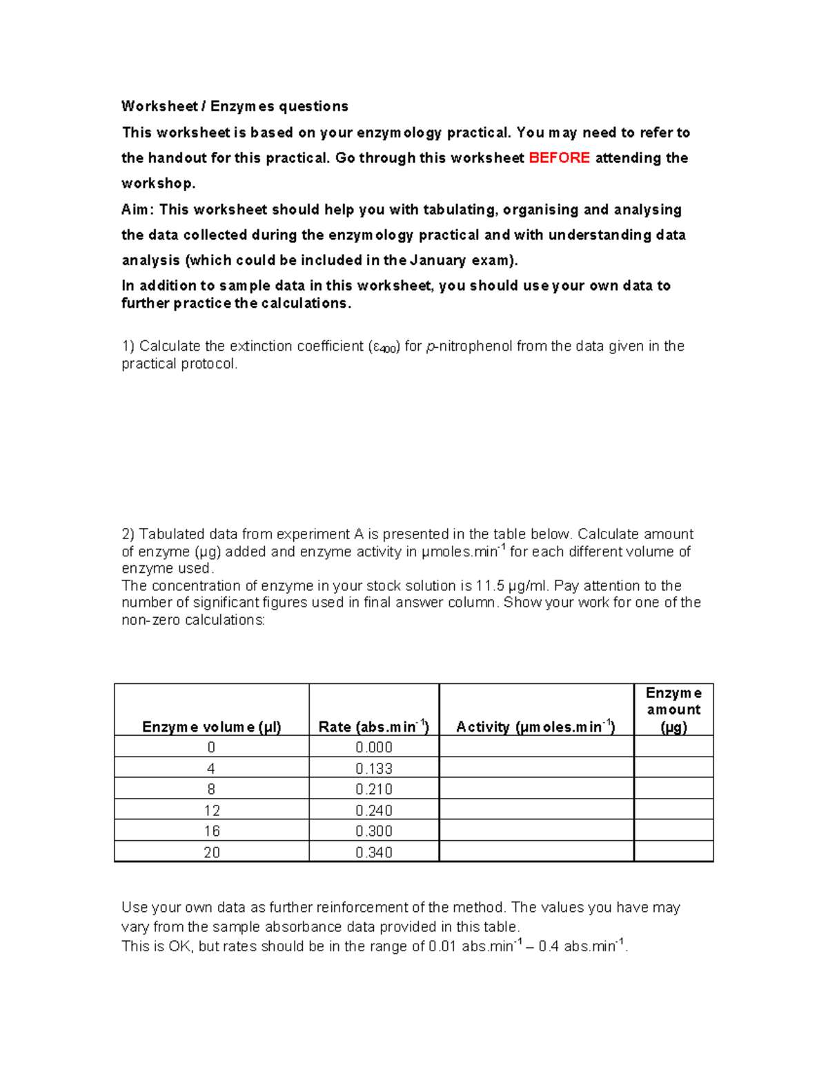 Biochem MBB worksheet Final Worksheet / Enzymes questions