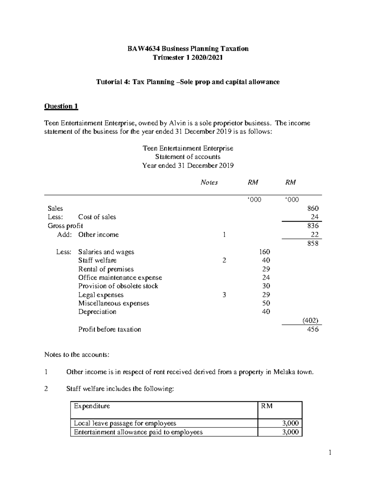 Tutorial 4 Solepro and capital allowances BAW4634 Business Planning Taxation Trimester 1 2020