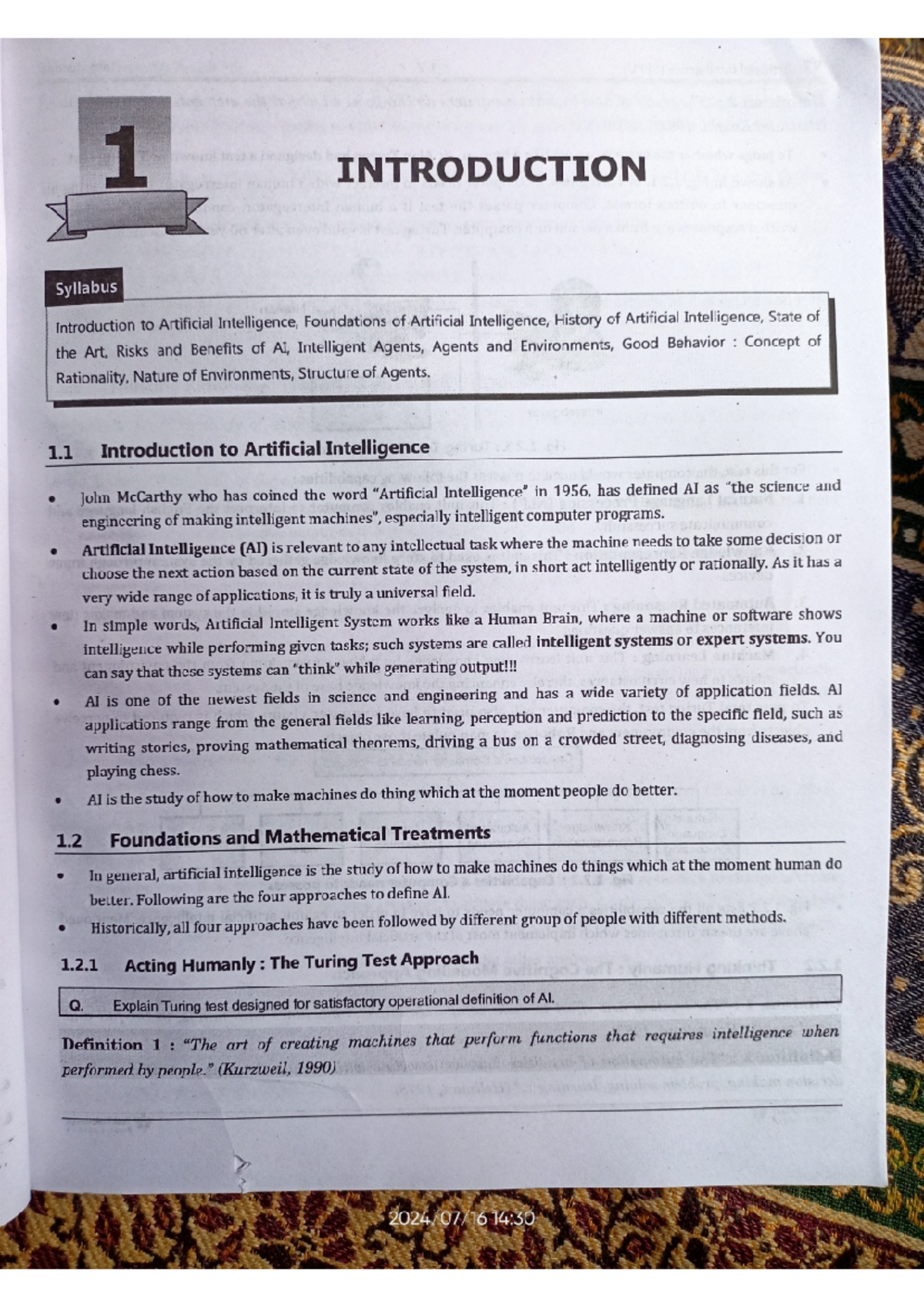 Artificial Intelligence unit 1 - 1 INTRODUCTION Syllabus Introduction ...